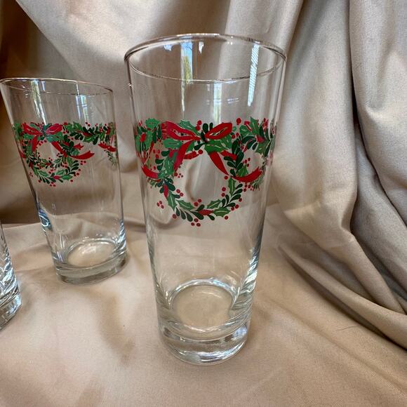 Vintage Libbey Irish Christmas Holly Wreath Ribbon Highball Glasses Set 5 - Picture 1 of 5